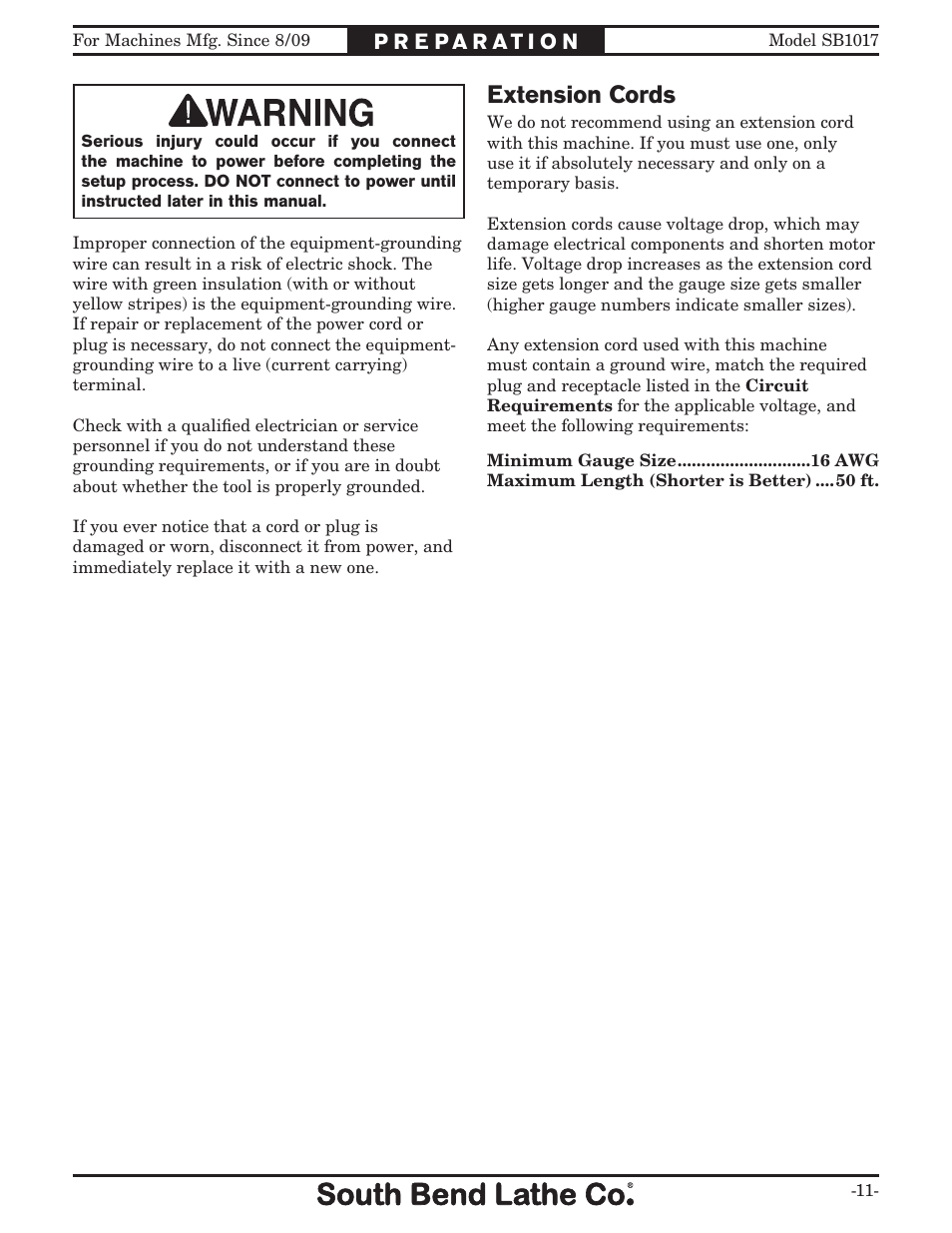 Extension cords | Southbend SB1017 User Manual | Page 13 / 56