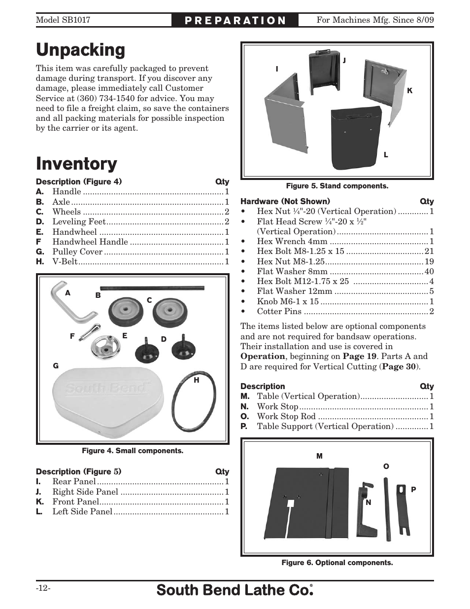 Inventory, Unpacking | Southbend SB1017 User Manual | Page 14 / 56