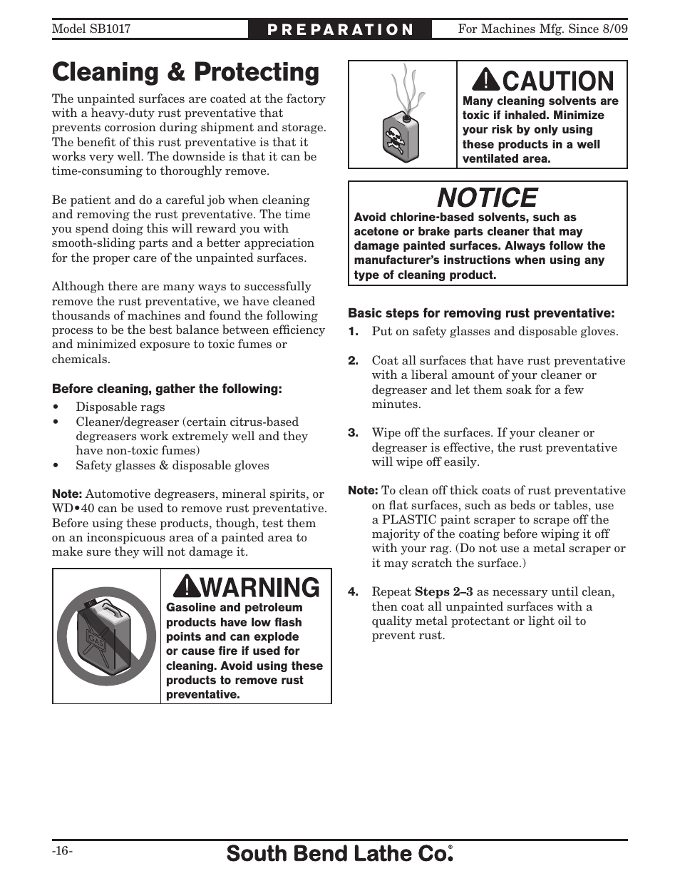 Cleaning & protecting | Southbend SB1017 User Manual | Page 18 / 56