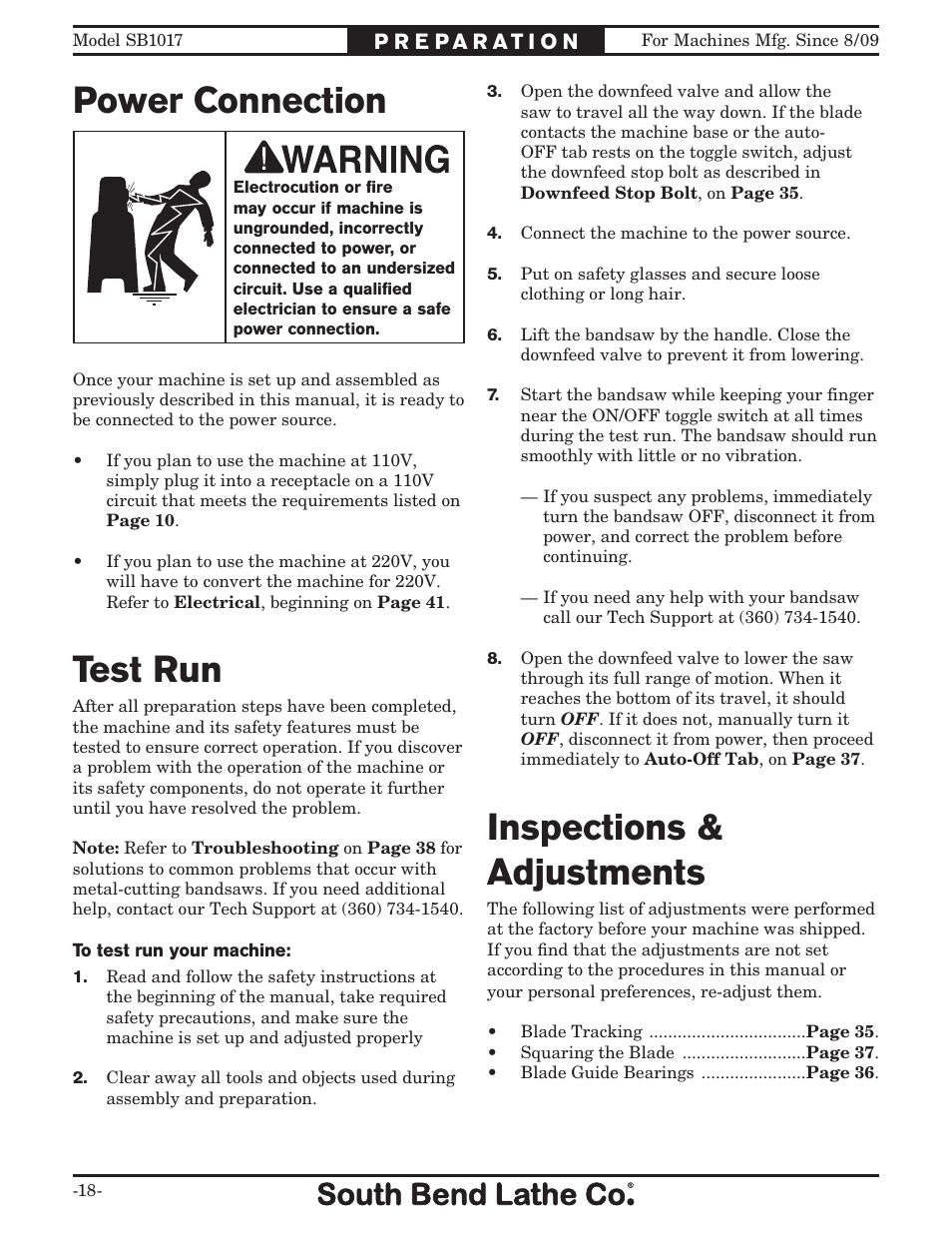 Power connection, Test run, Inspections & adjustments | Southbend SB1017 User Manual | Page 20 / 56