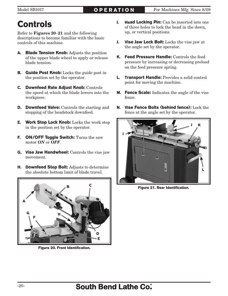 Controls | Southbend SB1017 User Manual | Page 22 / 56