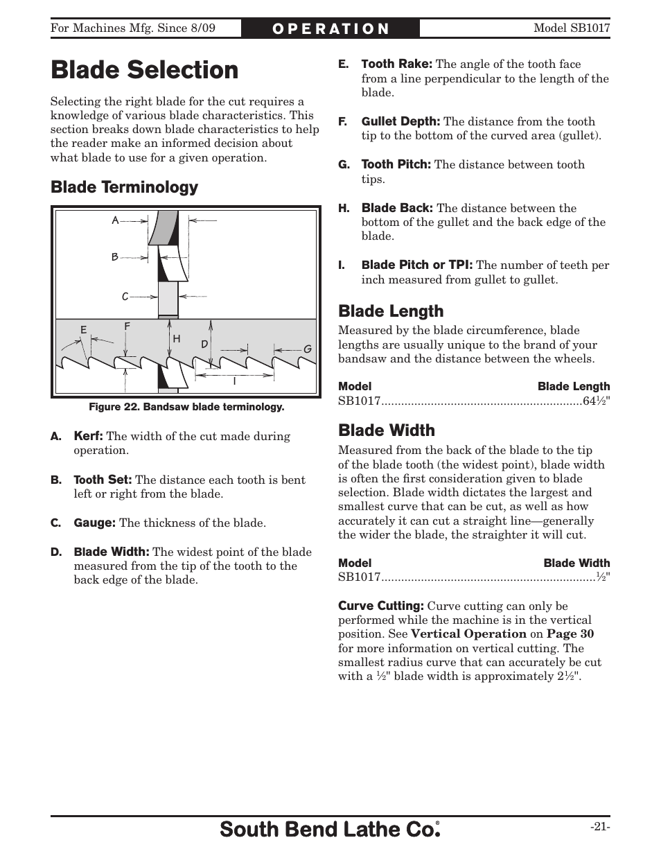 Blade selection, Blade terminology, Blade length | Blade width | Southbend SB1017 User Manual | Page 23 / 56
