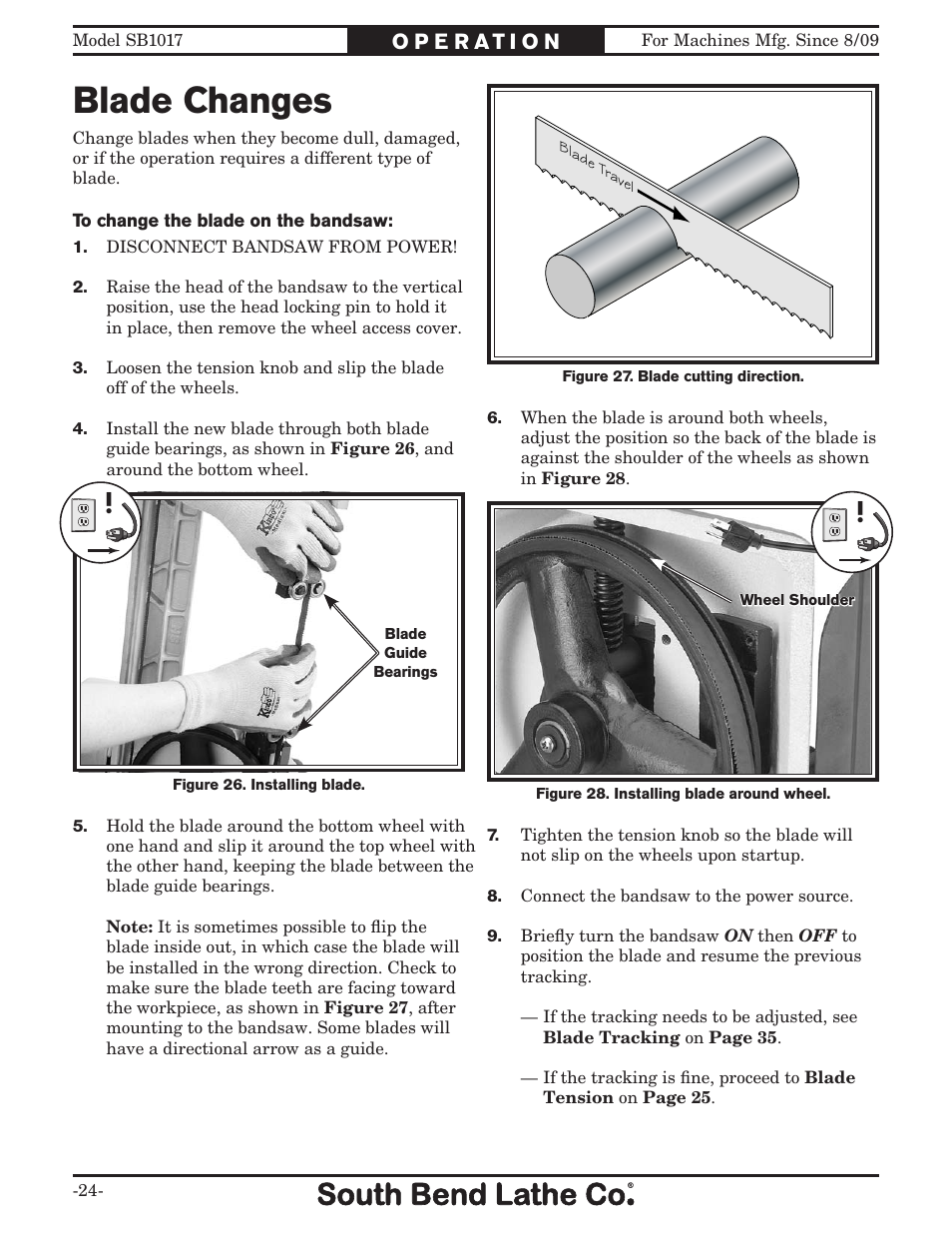 Blade changes | Southbend SB1017 User Manual | Page 26 / 56