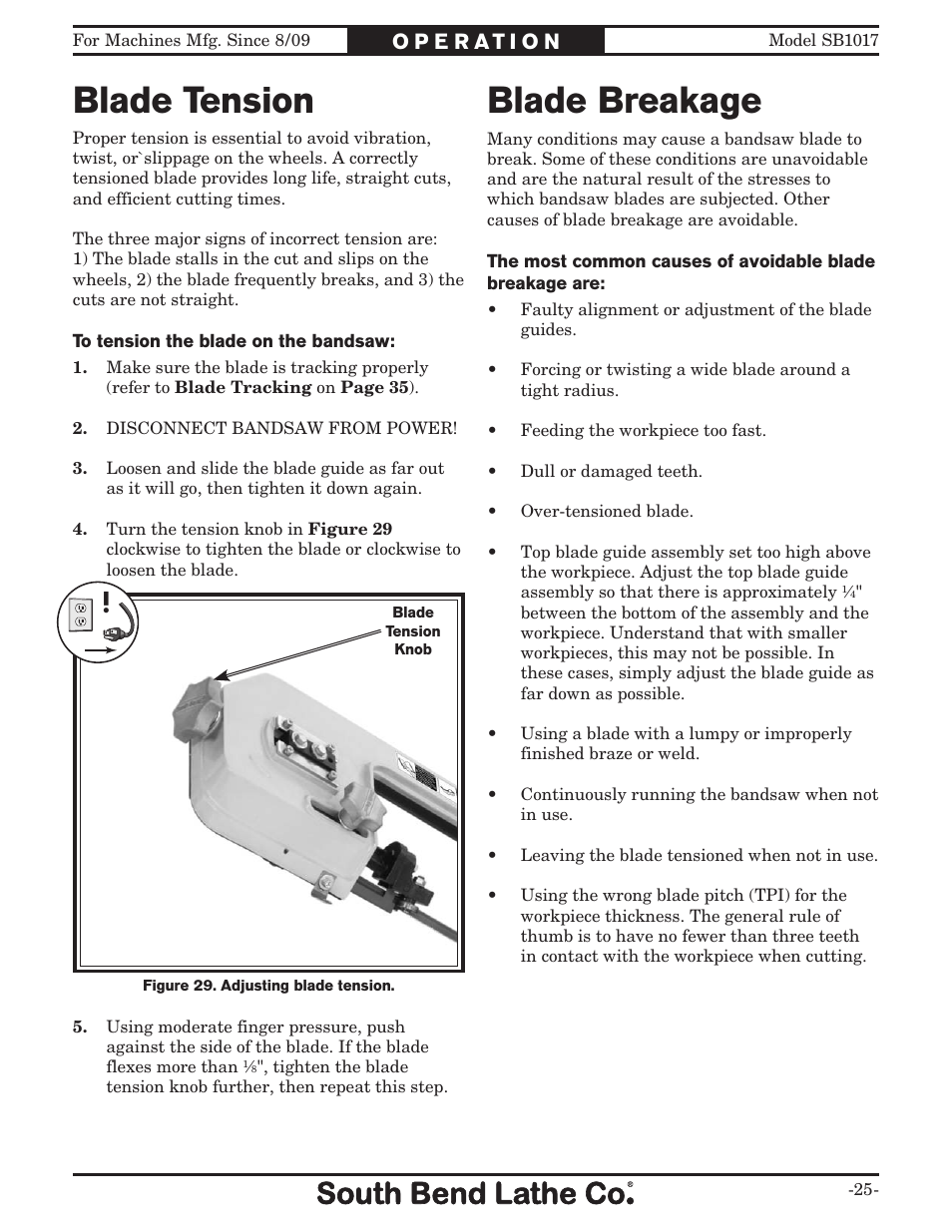 Blade tension, Blade breakage | Southbend SB1017 User Manual | Page 27 / 56