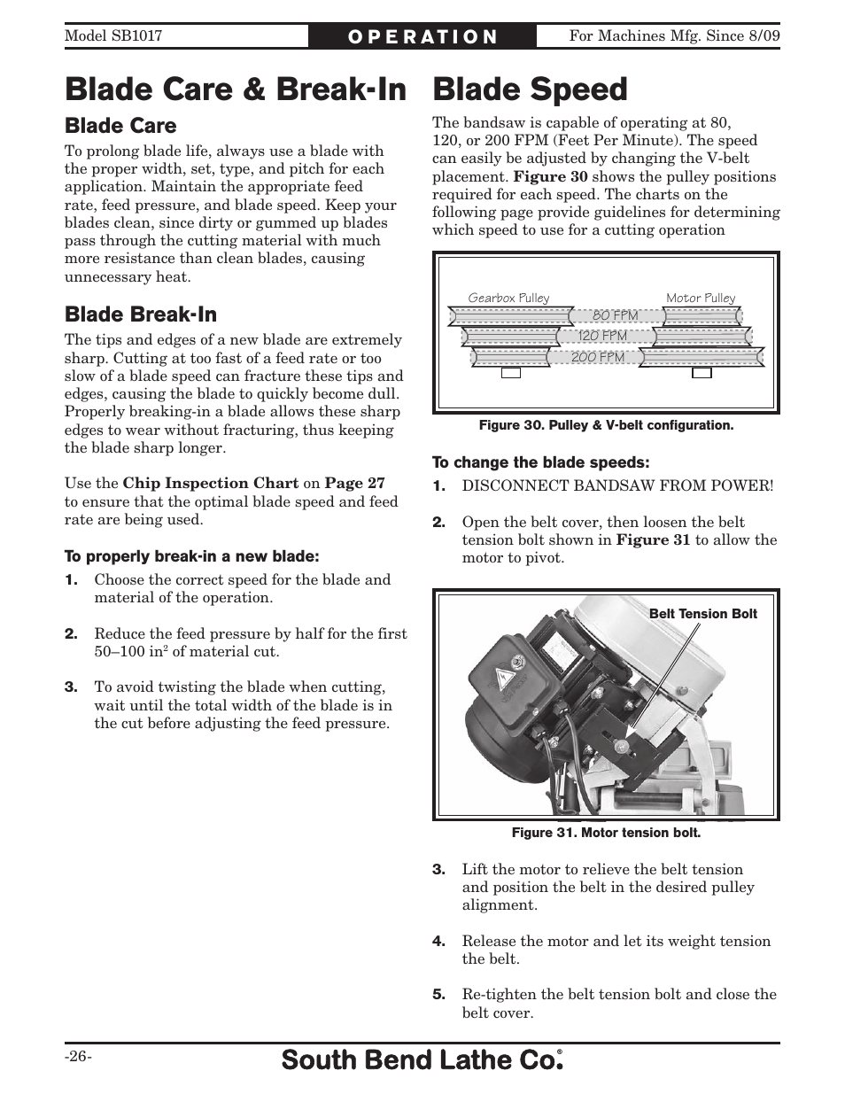 Blade care & break-in, Blade speed, Blade care | Blade break-in | Southbend SB1017 User Manual | Page 28 / 56