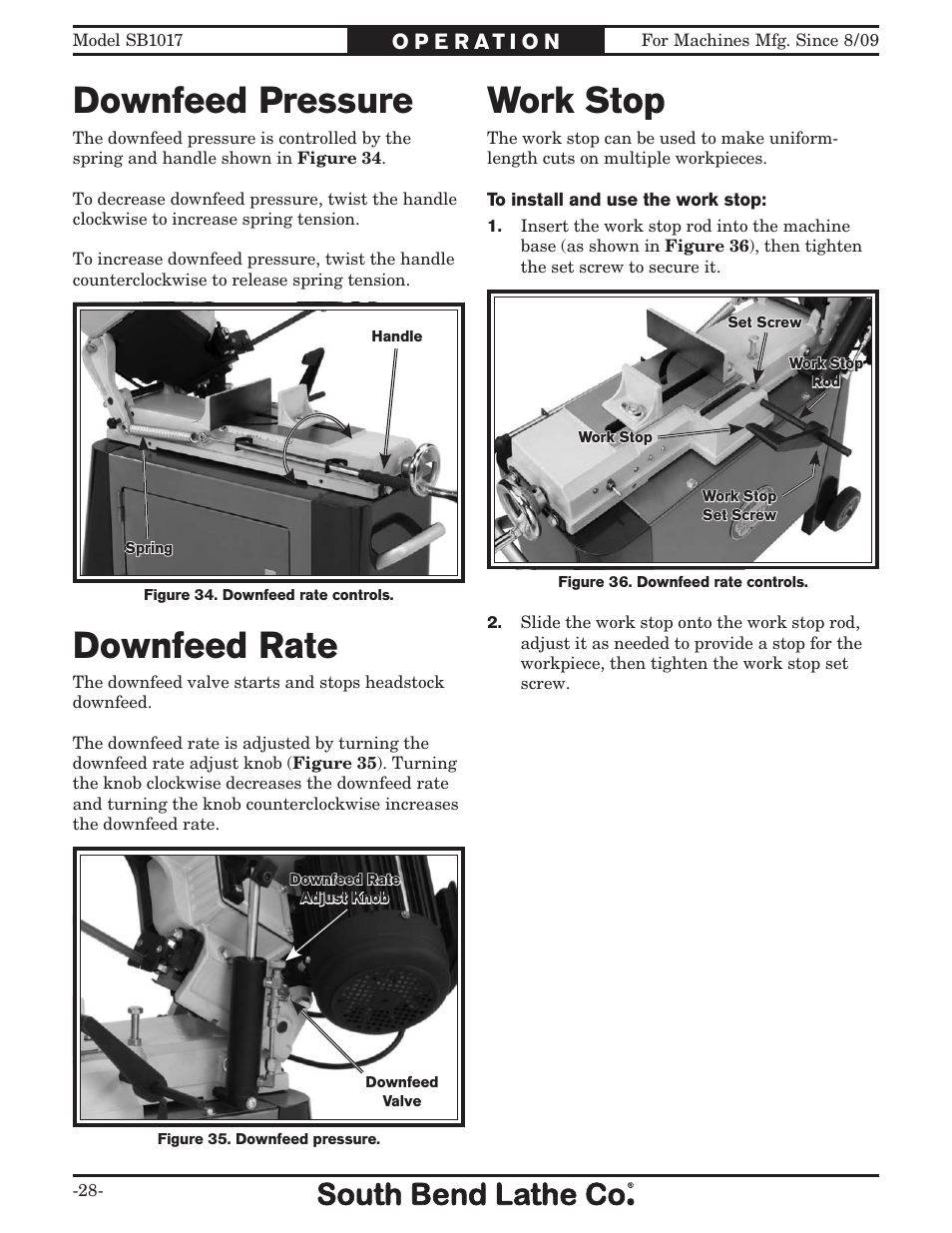 Downfeed pressure work stop downfeed rate | Southbend SB1017 User Manual | Page 30 / 56