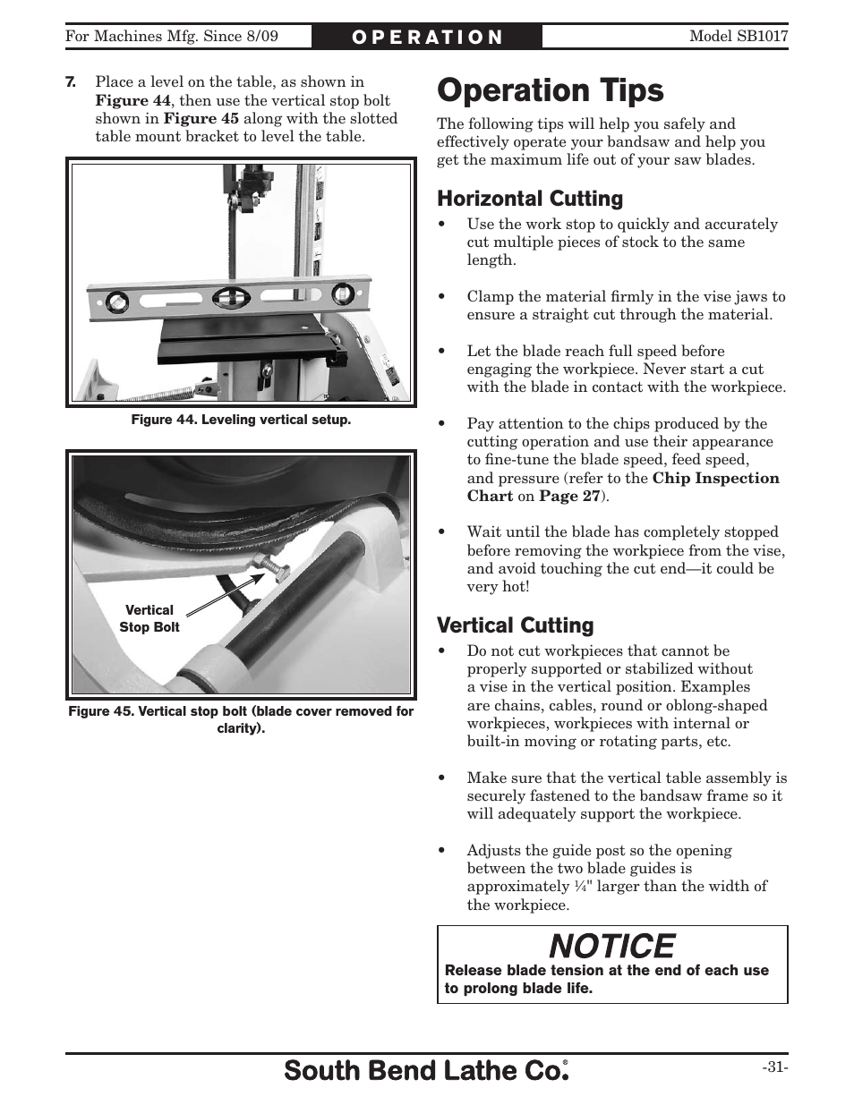 Operation tips, Horizontal cutting, Vertical cutting | Southbend SB1017 User Manual | Page 33 / 56