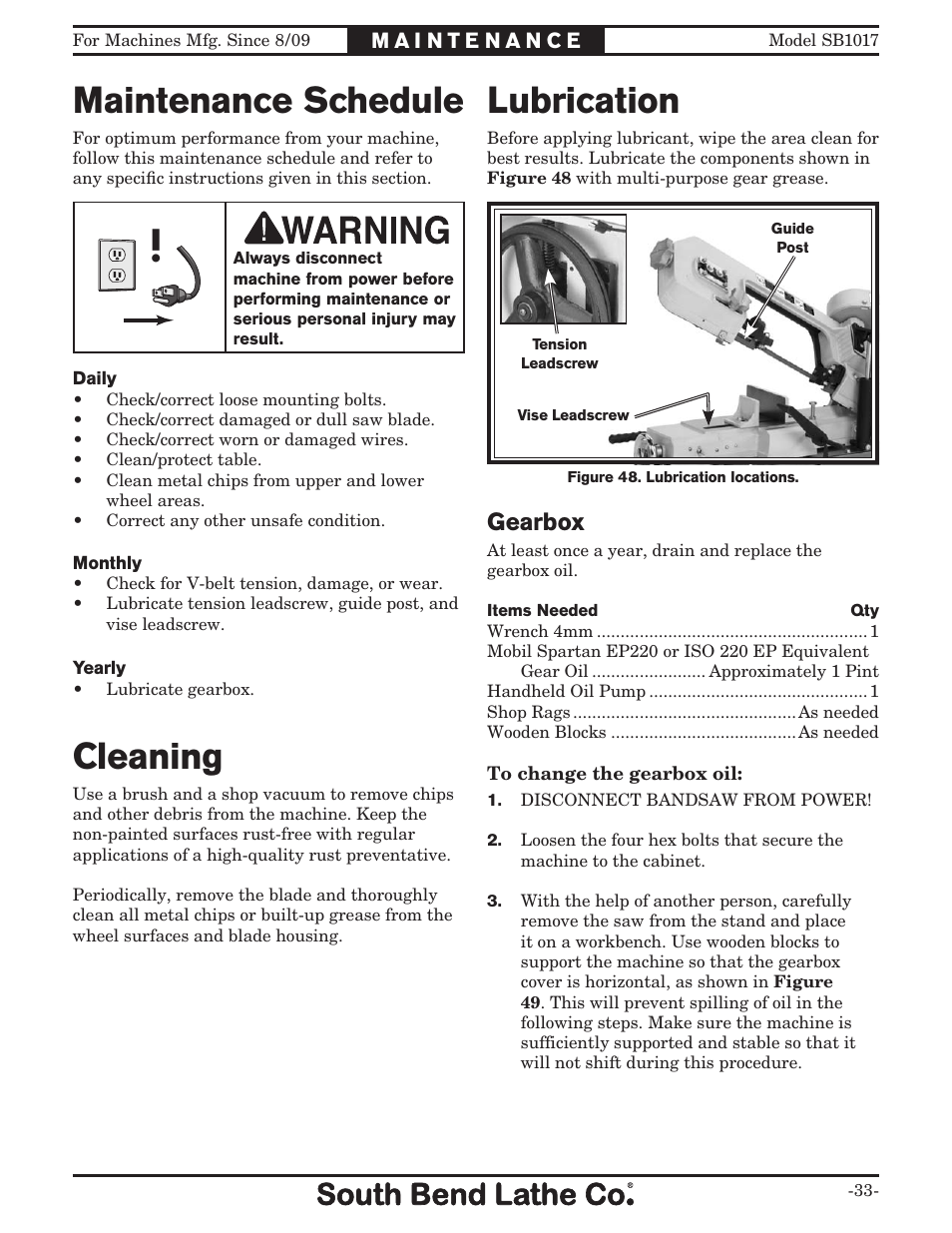 Maintenance schedule, Cleaning, Lubrication | Gearbox | Southbend SB1017 User Manual | Page 35 / 56