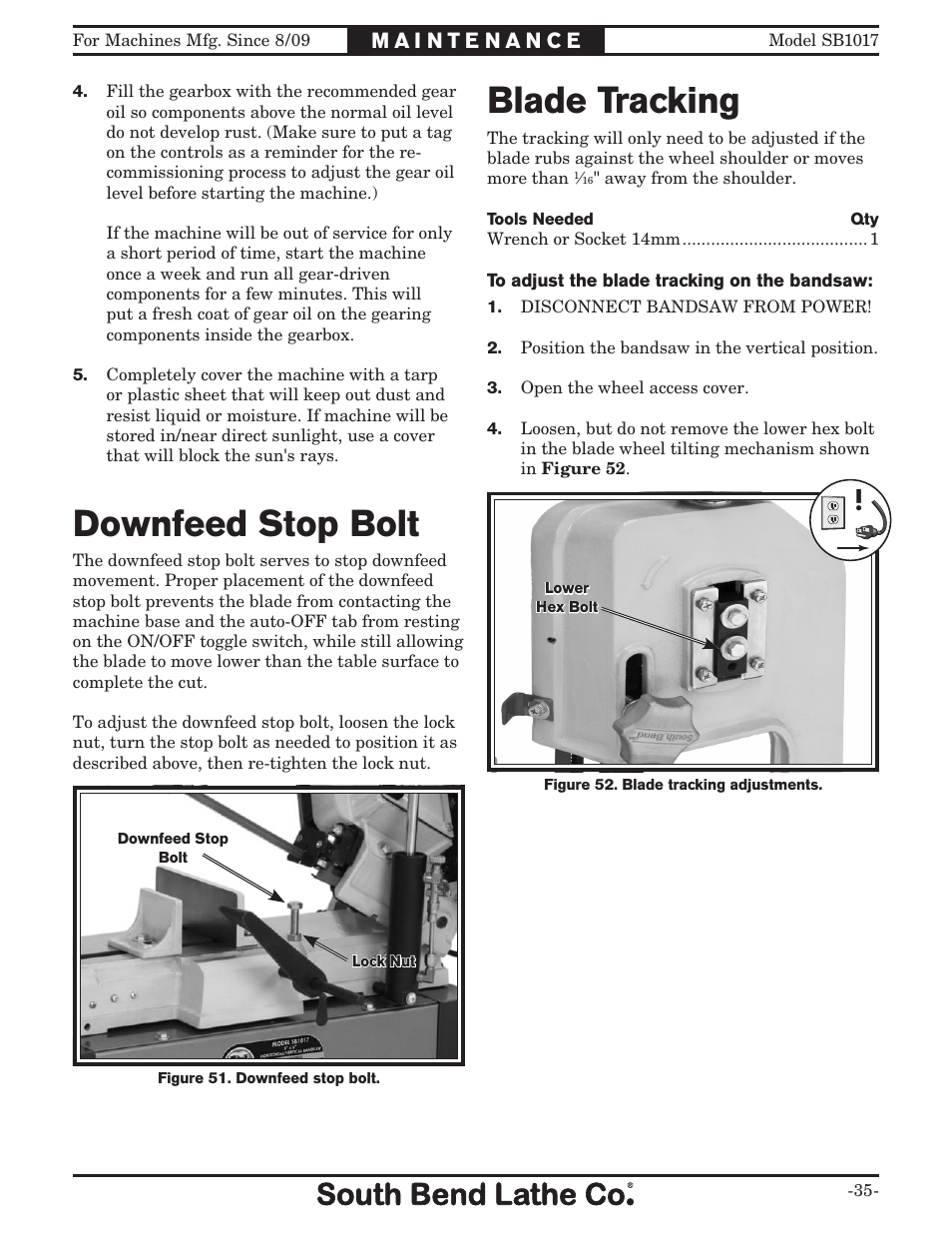 Downfeed stop bolt, Blade tracking | Southbend SB1017 User Manual | Page 37 / 56