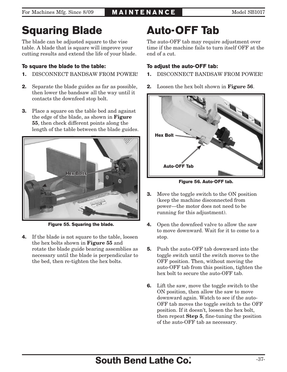 Squaring blade, Auto-off tab | Southbend SB1017 User Manual | Page 39 / 56