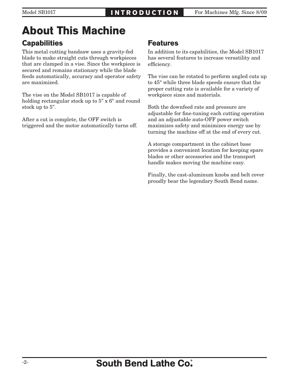About this machine, Capabilities, Features | Southbend SB1017 User Manual | Page 4 / 56