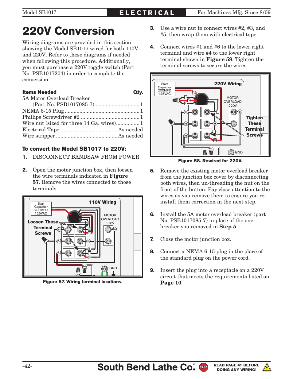 220v conversion, 220 vac | Southbend SB1017 User Manual | Page 44 / 56