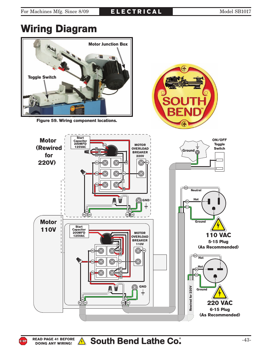 Wiring diagram, 220 vac | Southbend SB1017 User Manual | Page 45 / 56