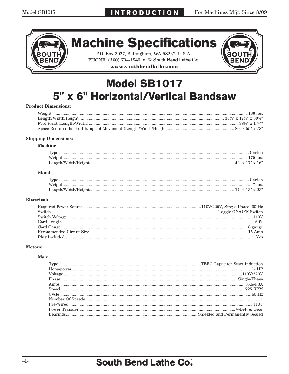 Machine specifications | Southbend SB1017 User Manual | Page 6 / 56