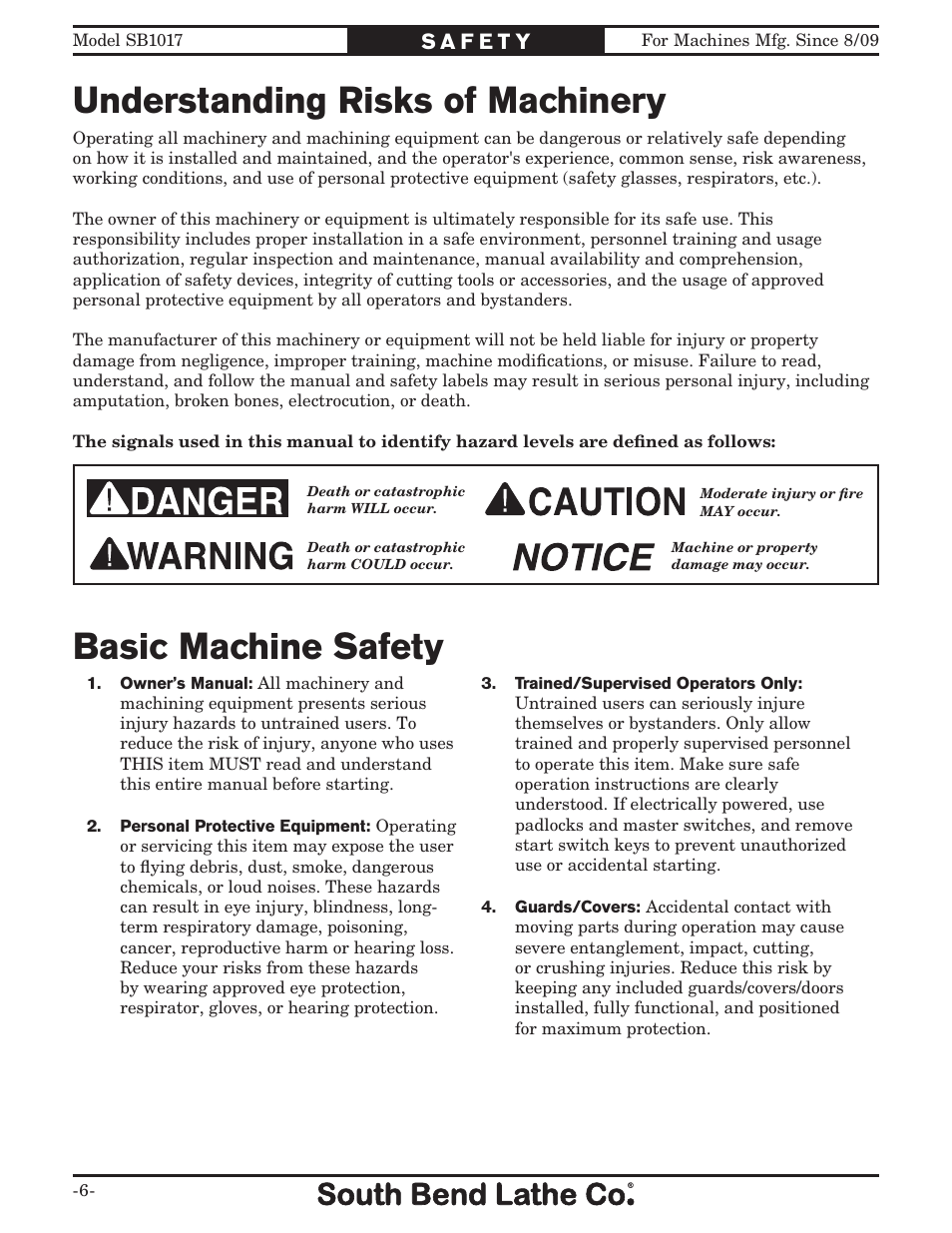 Understanding risks of machinery, Basic machine safety | Southbend SB1017 User Manual | Page 8 / 56