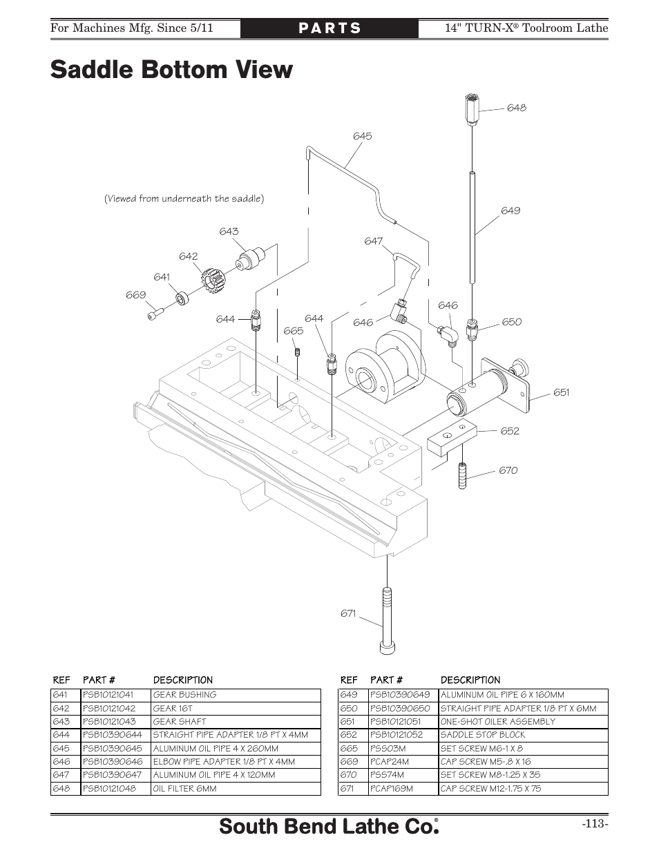 Saddle bottom view | Southbend 14" Turn-X Toolroom Lathe SB1039 User Manual | Page 115 / 132