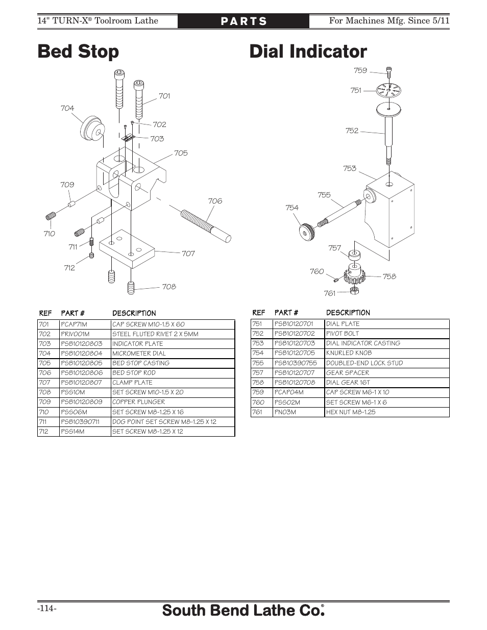 Bed stop, Dial indicator | Southbend 14" Turn-X Toolroom Lathe SB1039 User Manual | Page 116 / 132