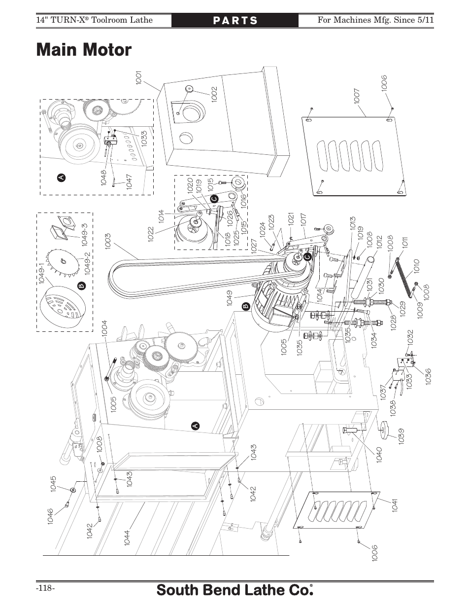 Main motor | Southbend 14" Turn-X Toolroom Lathe SB1039 User Manual | Page 120 / 132