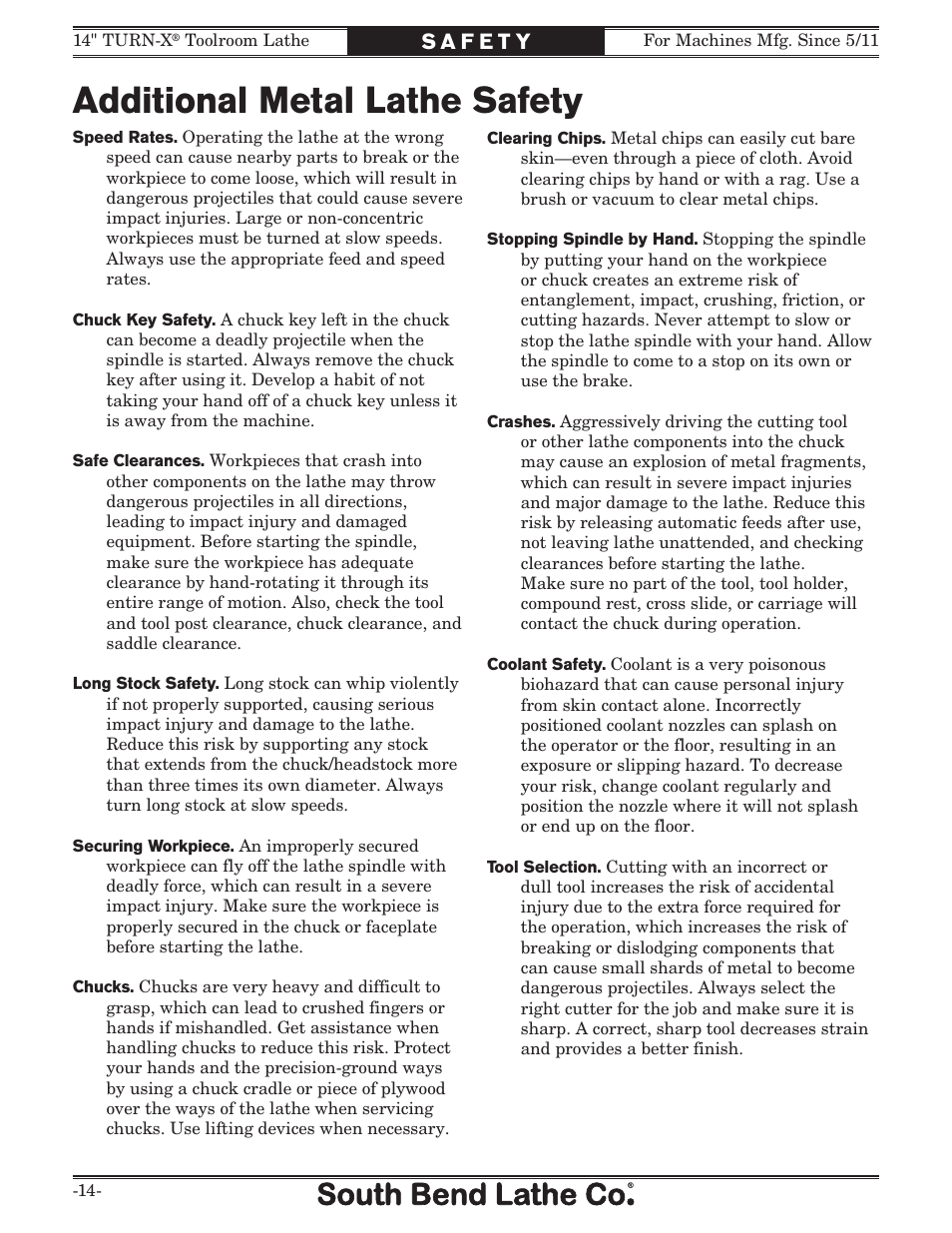 Additional metal lathe safety | Southbend 14" Turn-X Toolroom Lathe SB1039 User Manual | Page 16 / 132