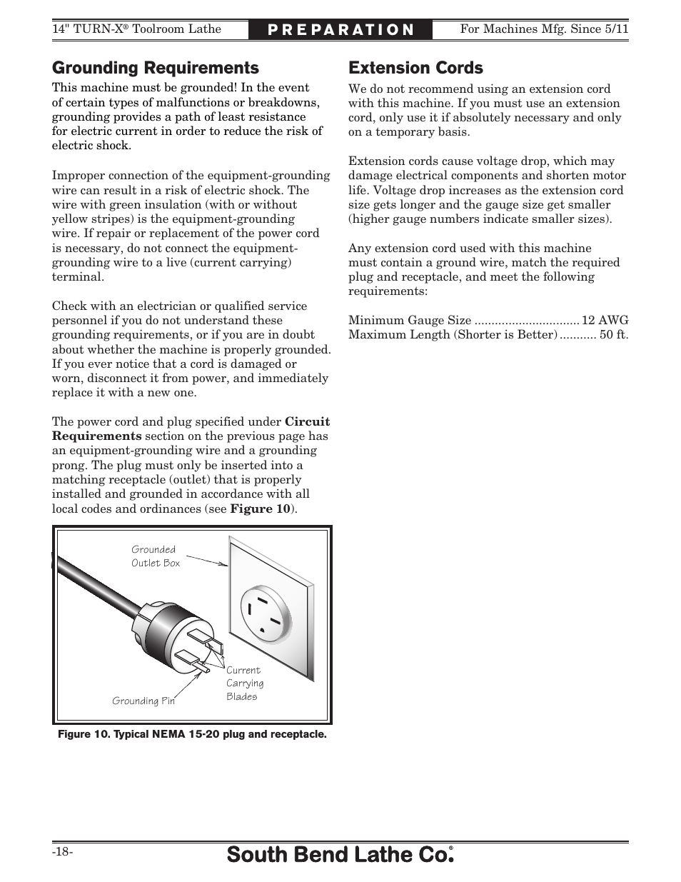 Extension cords grounding requirements | Southbend 14" Turn-X Toolroom Lathe SB1039 User Manual | Page 20 / 132