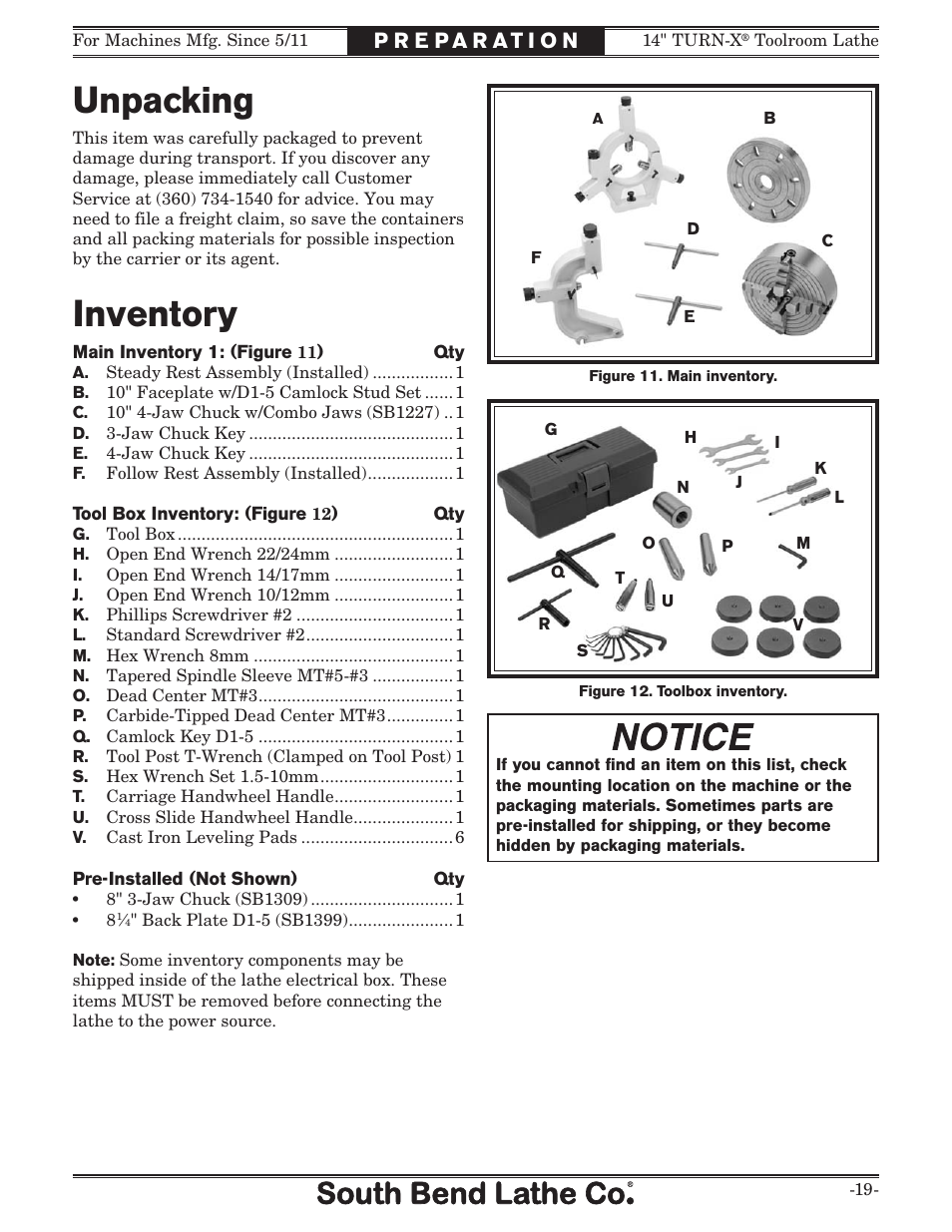 Unpacking, Inventory | Southbend 14" Turn-X Toolroom Lathe SB1039 User Manual | Page 21 / 132