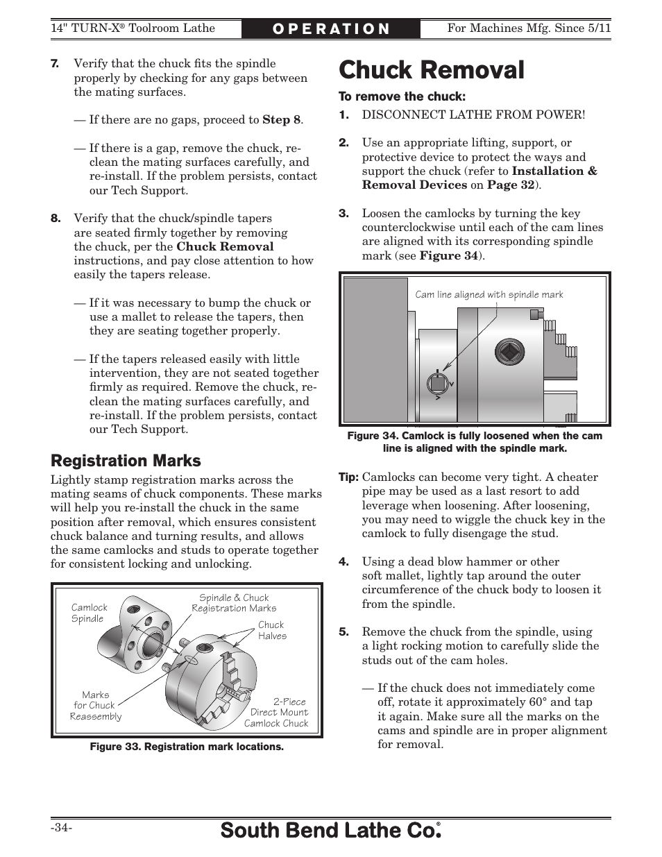 Chuck removal, Registration marks | Southbend 14" Turn-X Toolroom Lathe SB1039 User Manual | Page 36 / 132