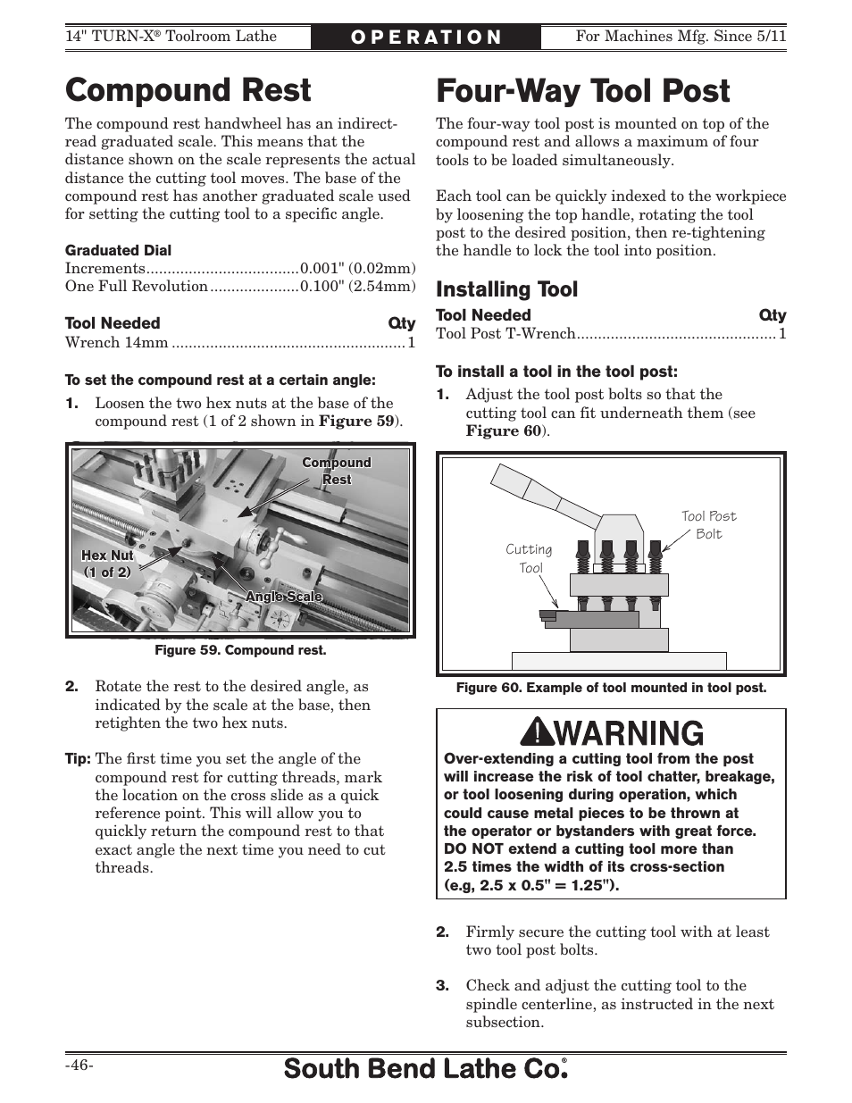 Four-way tool post, Compound rest, Installing tool | Southbend 14" Turn-X Toolroom Lathe SB1039 User Manual | Page 48 / 132