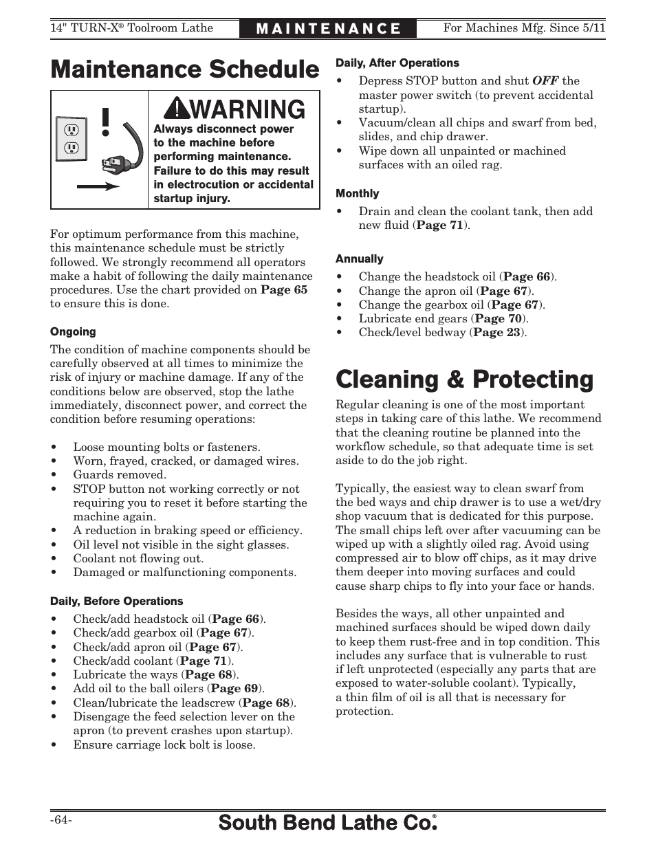 Maintenance schedule cleaning & protecting | Southbend 14" Turn-X Toolroom Lathe SB1039 User Manual | Page 66 / 132