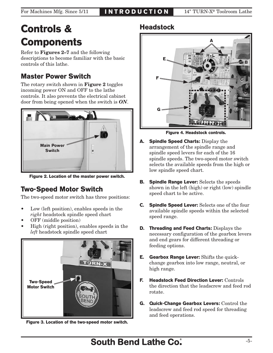 Controls & components, Master power switch, Two-speed motor switch | Headstock | Southbend 14" Turn-X Toolroom Lathe SB1039 User Manual | Page 7 / 132