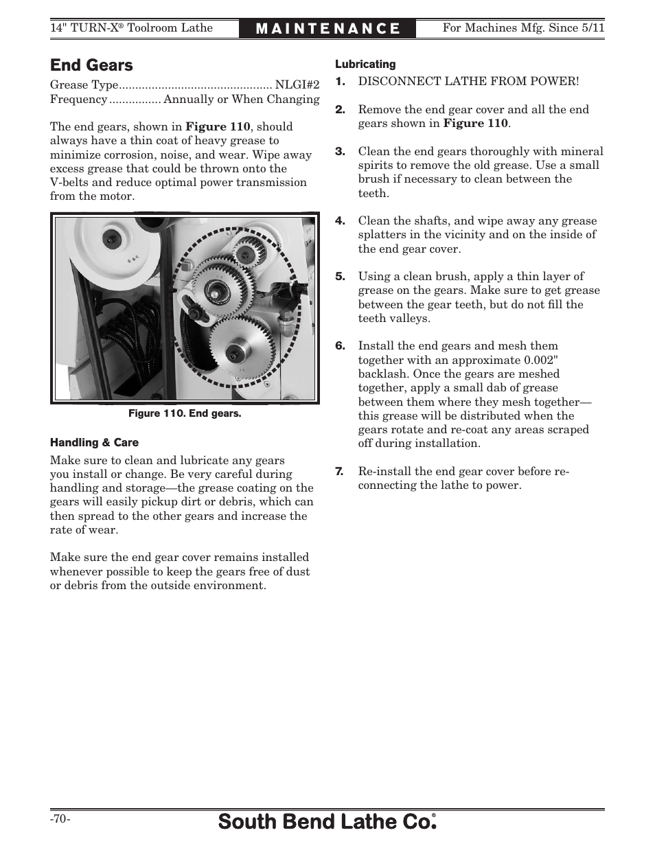 End gears | Southbend 14" Turn-X Toolroom Lathe SB1039 User Manual | Page 72 / 132