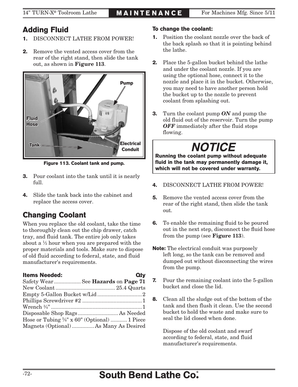 Adding fluid, Changing coolant | Southbend 14" Turn-X Toolroom Lathe SB1039 User Manual | Page 74 / 132