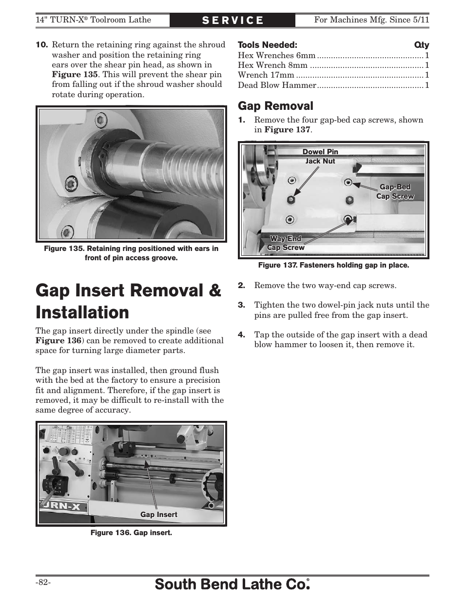 Gap insert removal & installation, Gap removal | Southbend 14" Turn-X Toolroom Lathe SB1039 User Manual | Page 84 / 132