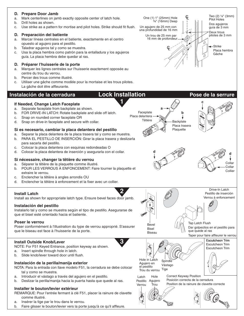 Lock installation, Instalación de la cerradura, Pose de la serrure | Schlage F-Series User Manual | Page 2 / 4