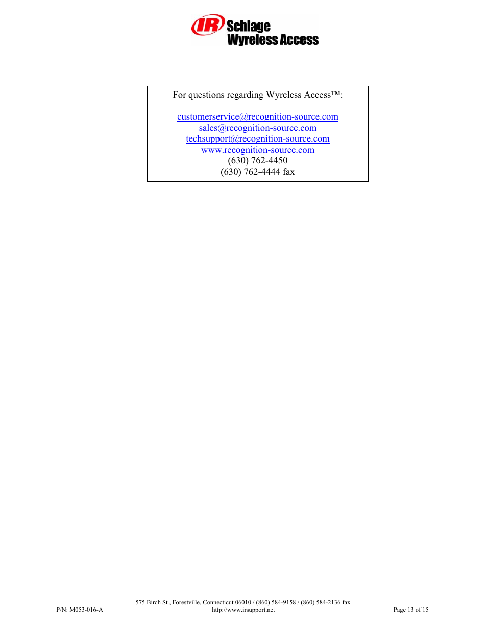 Contacting schlage | Schlage Panel Interface Module RS485 User Manual | Page 13 / 15