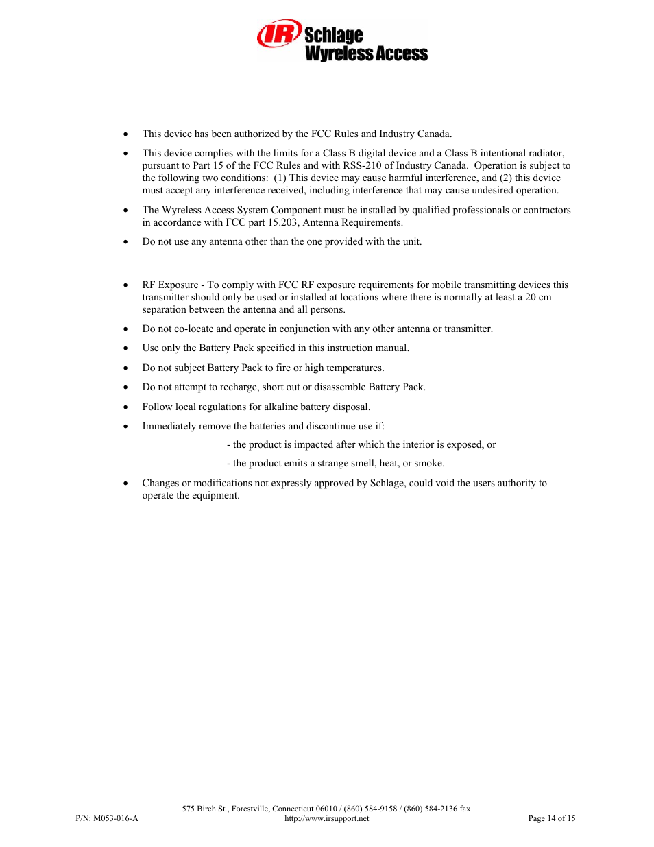 Fcc compliance & warnings, 1 fcc compliance, 2 warnings | Schlage Panel Interface Module RS485 User Manual | Page 14 / 15