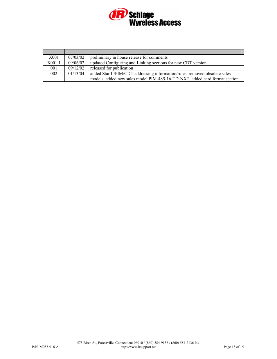 Revision history | Schlage Panel Interface Module RS485 User Manual | Page 15 / 15