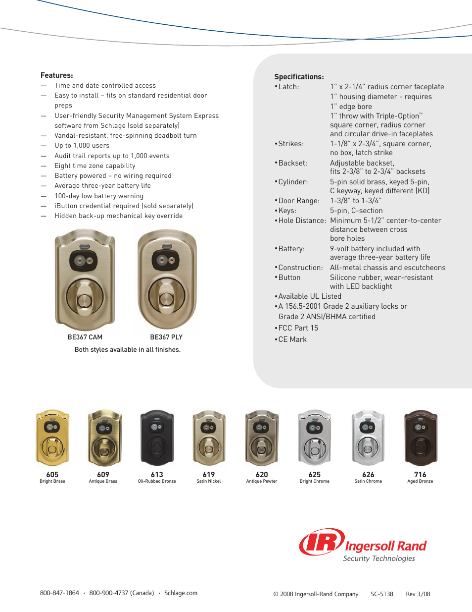 Schlage Programmable Electronic Deadbolt 609 User Manual | Page 2 / 2