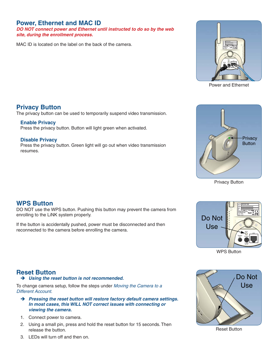 Do not use, Privacy button, Reset button | Power, ethernet and mac id, Wps button, Enable privacy, Disable privacy | Schlage LINK WCW100 User Manual | Page 2 / 5