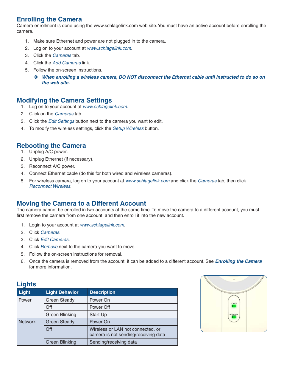 Enrolling the camera, Modifying the camera settings, Rebooting the camera | Moving the camera to a different account, Lights | Schlage LINK WCW100 User Manual | Page 3 / 5