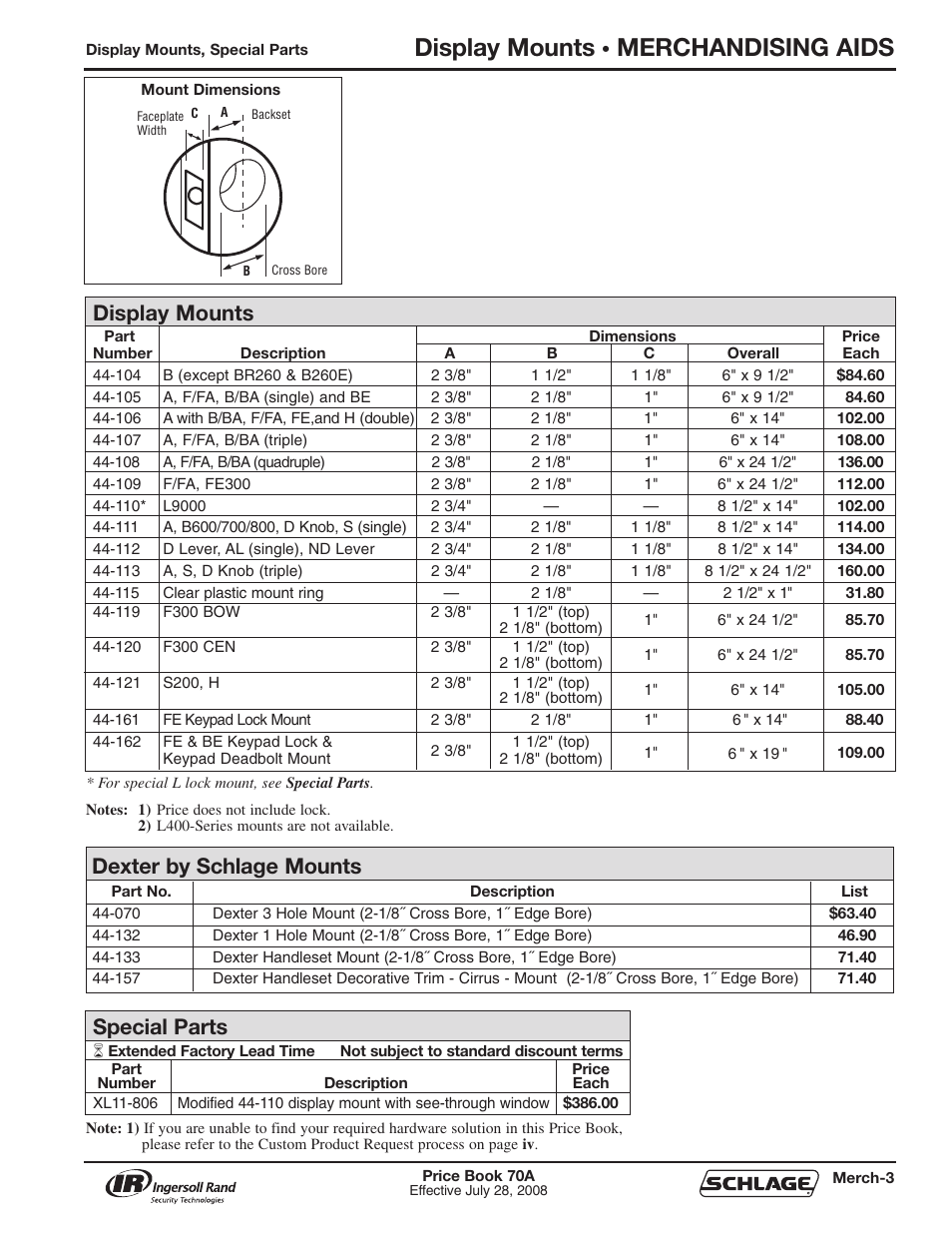 Display mounts, Merchandising aids, Special parts | Dexter by schlage mounts | Schlage Price Book 70A User Manual | Page 102 / 108