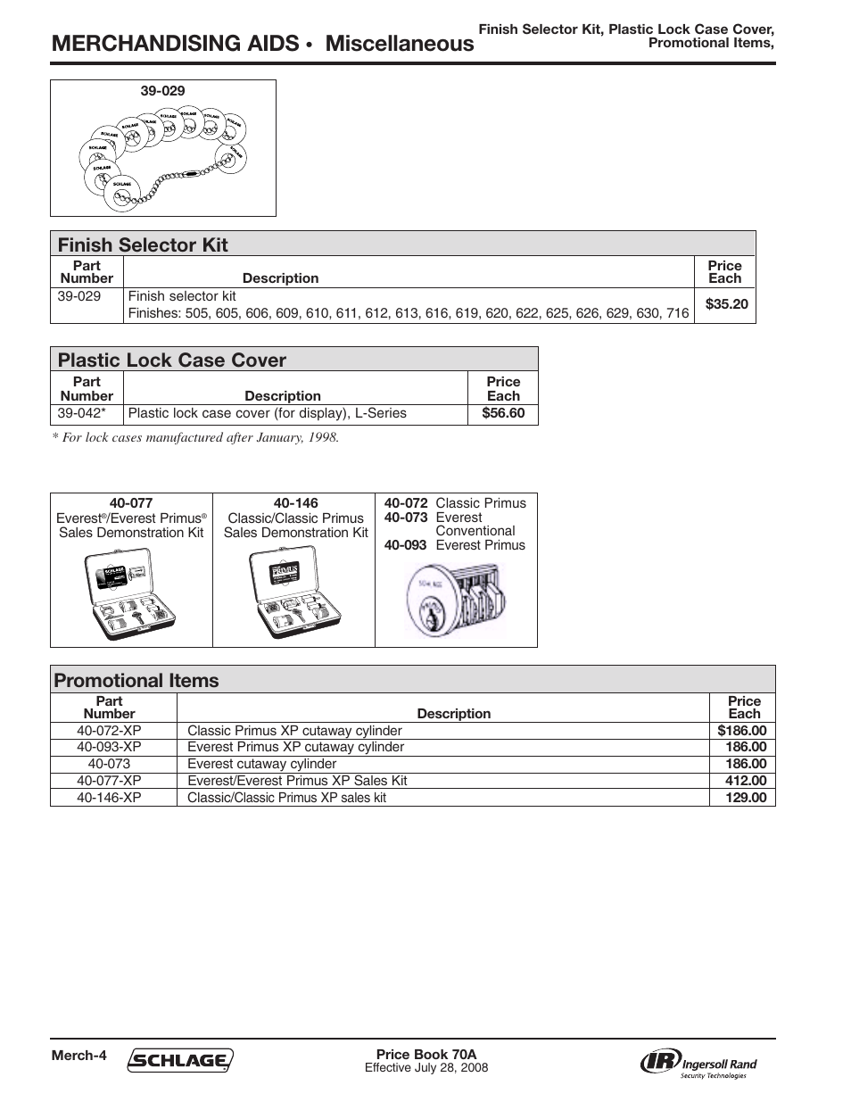 Merchandising aids, Miscellaneous, Finish selector kit | Plastic lock case cover, Promotional items | Schlage Price Book 70A User Manual | Page 103 / 108