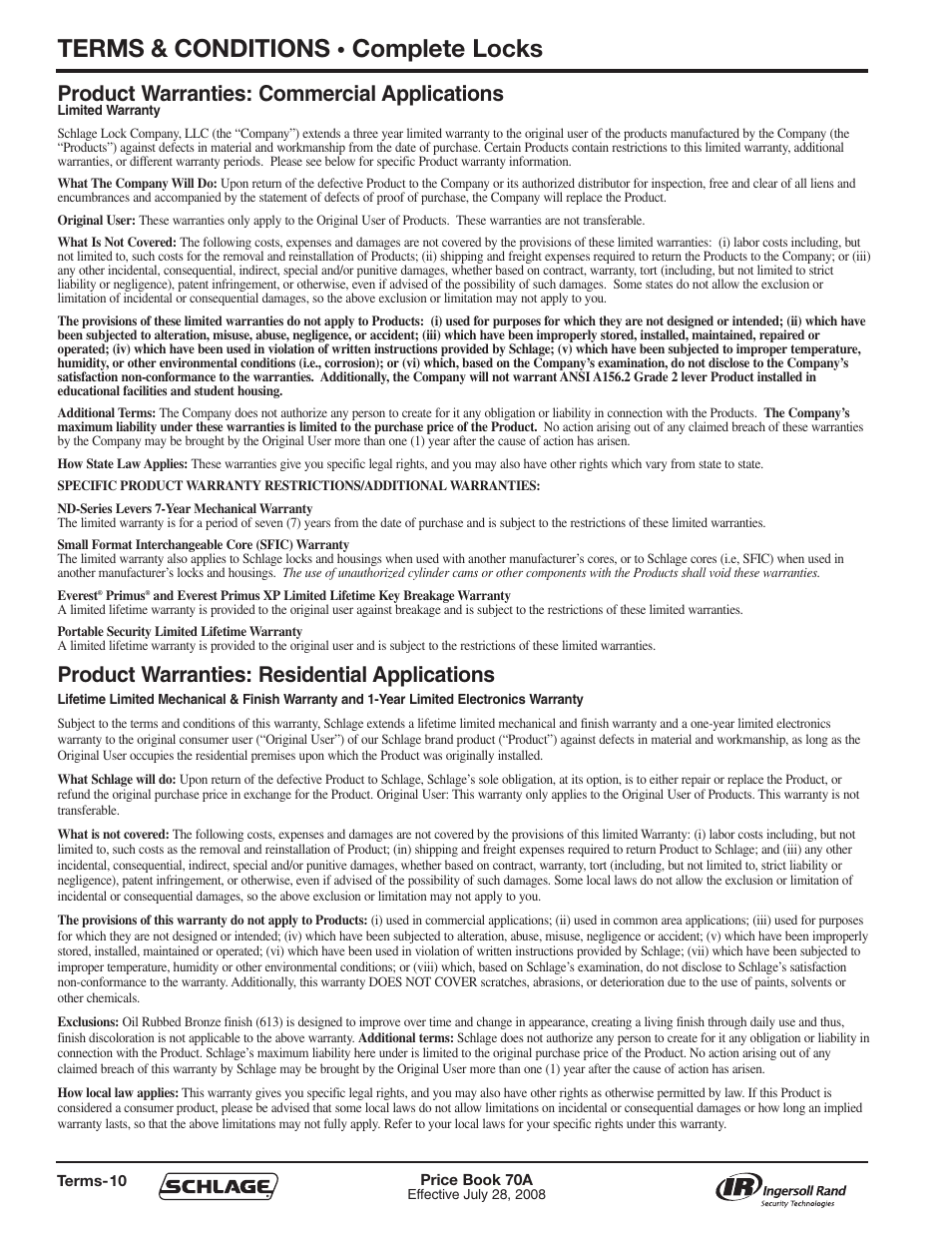 Terms & conditions, Complete locks, Product warranties: commercial applications | Product warranties: residential applications | Schlage Price Book 70A User Manual | Page 11 / 108
