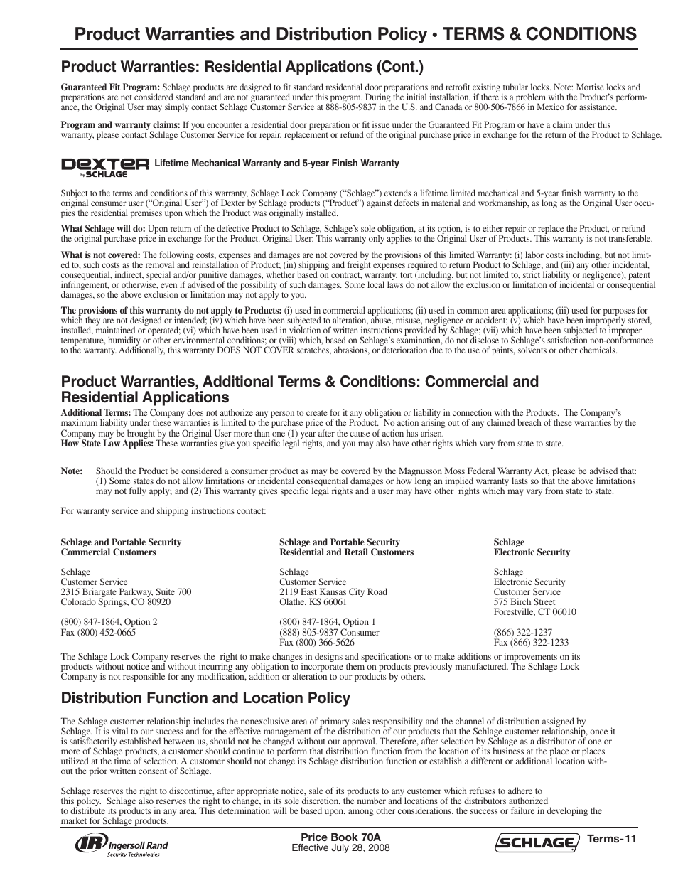 Product warranties and distribution policy, Terms & conditions, Distribution function and location policy | Schlage Price Book 70A User Manual | Page 12 / 108