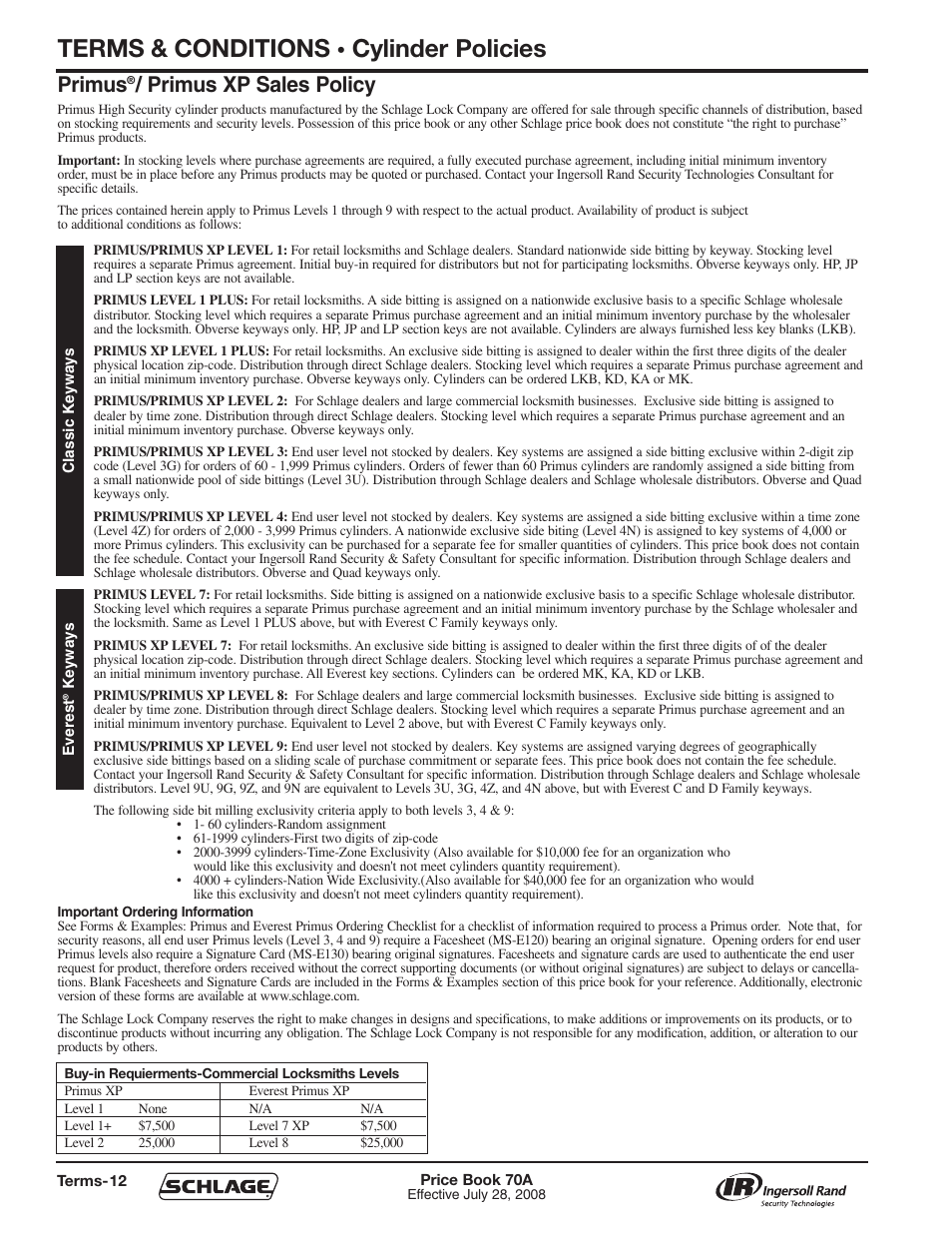 Terms & conditions, Cylinder policies, Primus | Primus xp sales policy | Schlage Price Book 70A User Manual | Page 13 / 108