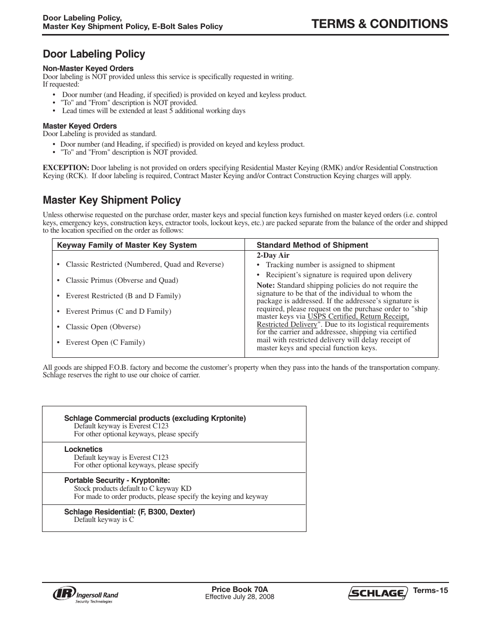 Terms & conditions, Door labeling policy, Master key shipment policy | Schlage Price Book 70A User Manual | Page 16 / 108
