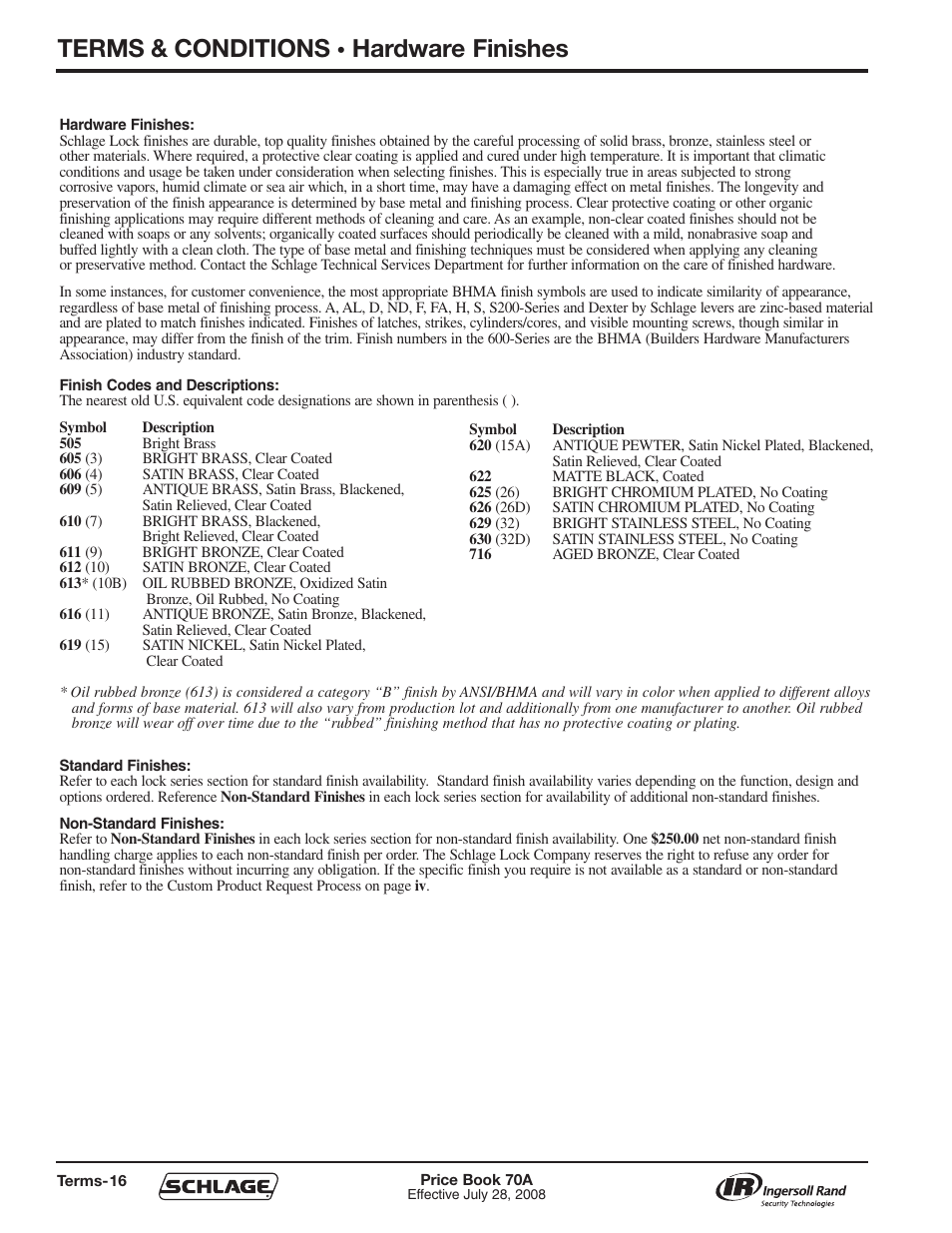 Terms & conditions, Hardware finishes | Schlage Price Book 70A User Manual | Page 17 / 108