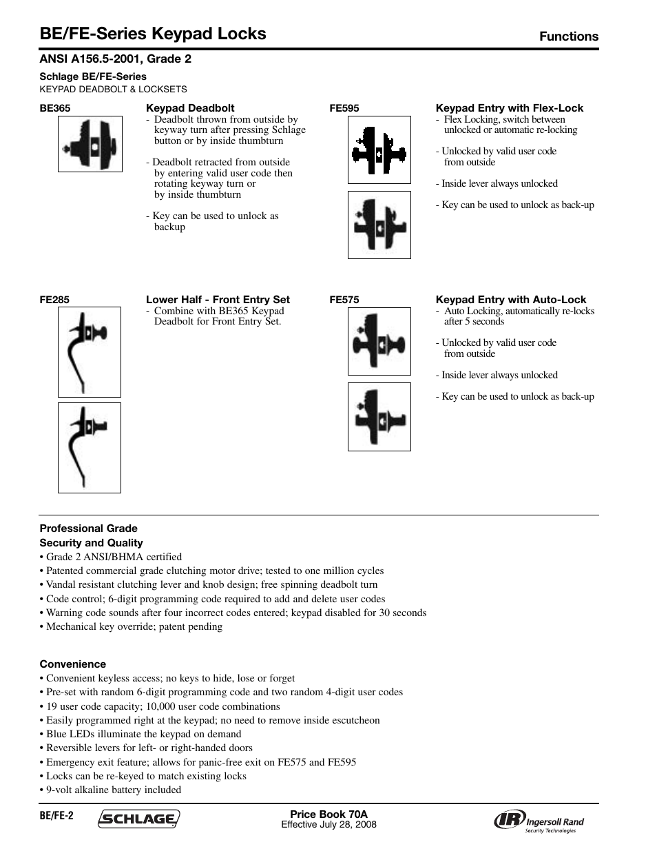 Be/fe-series keypad locks | Schlage Price Book 70A User Manual | Page 19 / 108
