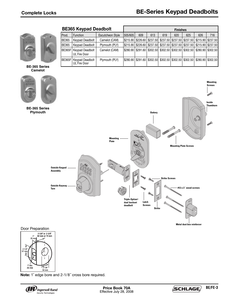 Series keypad deadbolts, Be365 keypad deadbolt, Complete locks | Schlage Price Book 70A User Manual | Page 20 / 108
