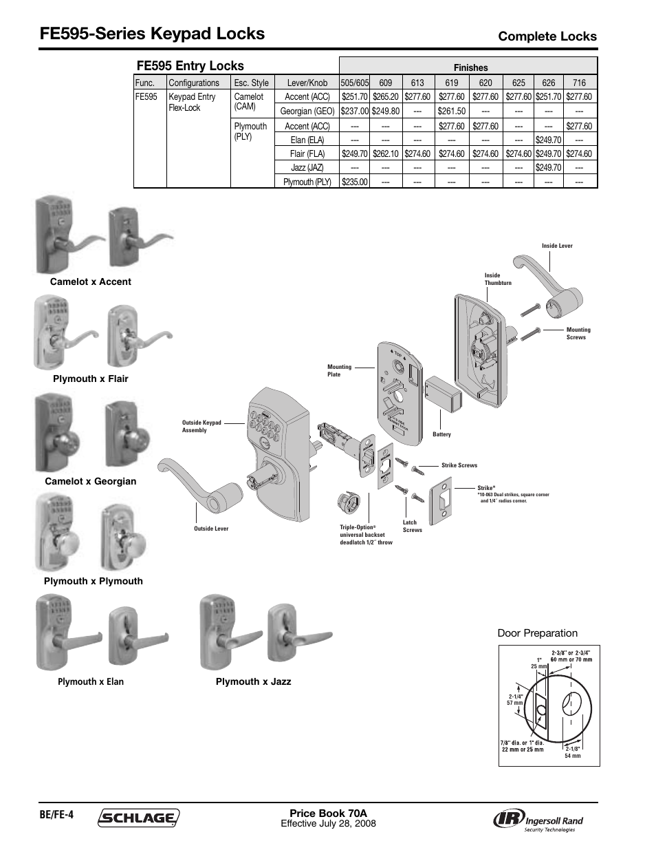 Fe595-series keypad locks, Fe595 entry locks, Complete locks | Schlage Price Book 70A User Manual | Page 21 / 108
