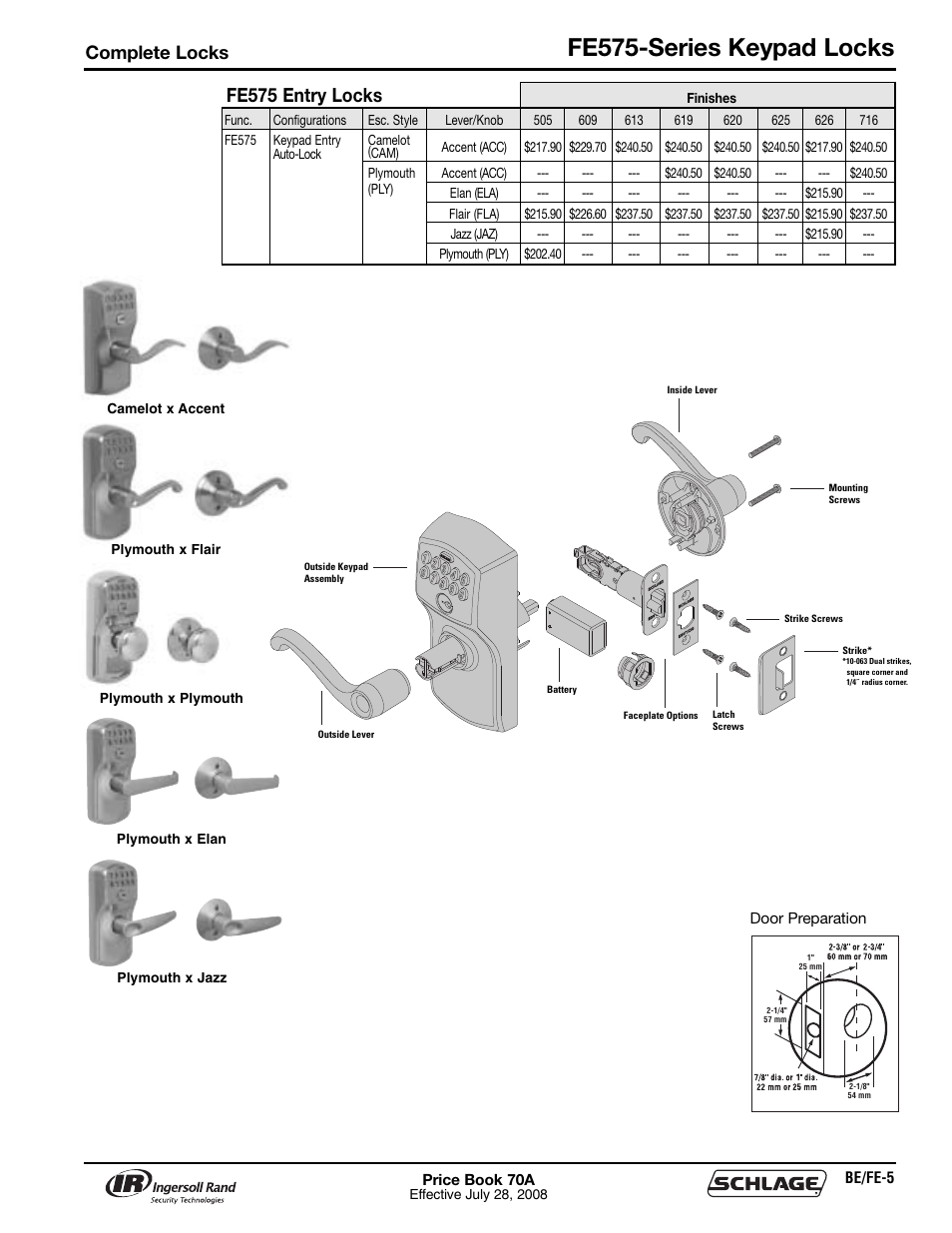 Fe575-series keypad locks, Fe575 entry locks, Complete locks | Schlage Price Book 70A User Manual | Page 22 / 108